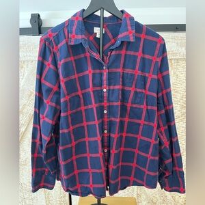 J. Crew Women’s Brushed Cotton Navy and Red Plaid Button-Up Shirt size XXL